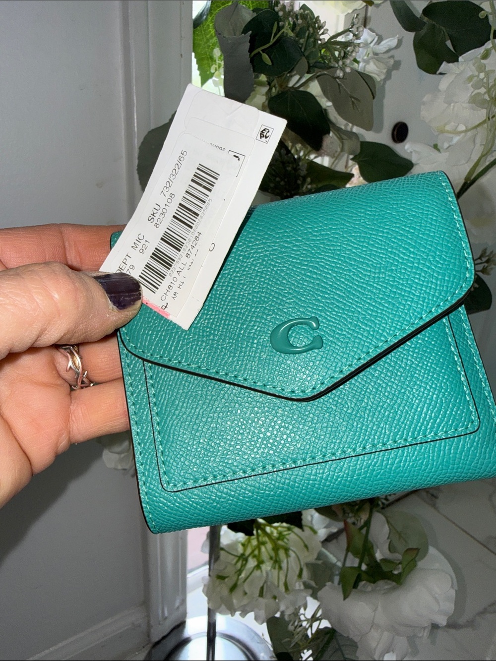 Coach Teal Saffiano Leather Envelope folded Wallet